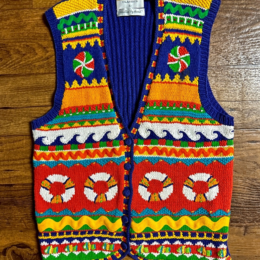 Marisa Christina ~ Large ~ Hand Knitted ~ Orange/Yellow/Blue ~ Ocean/Fish ~ Vest - Picture 3 of 16